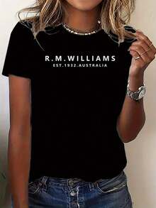 Women'S Casual Short Sleeve T-Shirt With R.M. Williams Australia Letter Print - Crew Neck, Breathable Stretch Fabric, All-Season Comfort, Sizes S-XXL, Casual Wear|Casual Style|Stretchy Fabric - 黑色 - 查看 1