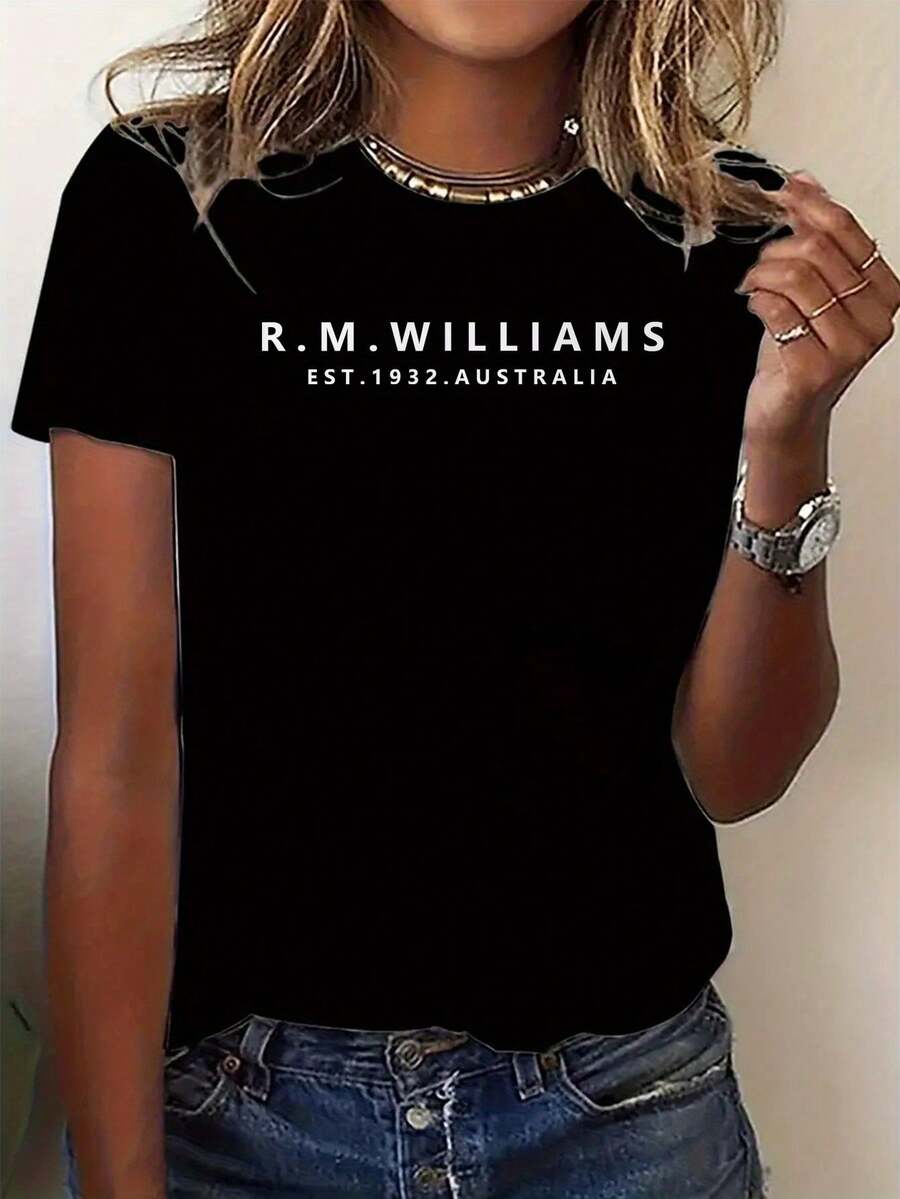 Women'S Casual Short Sleeve T-Shirt With R.M. Williams Australia Letter Print - Crew Neck, Breathable Stretch Fabric, All-Season Comfort, Sizes S-XXL, Casual Wear|Casual Style|Stretchy Fabric - 黑色 - 查看 1