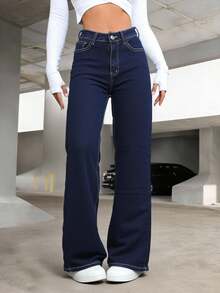 Jeans Wide Leg de Mezclilla Azul Oscuro para Mujer Corte Moderno y Atemporal para Looks Versátiles - Azul H2CZA10 - Ver 4