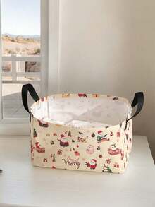1pc Christmas Santa Claus & Christmas Tree Print Storage Basket, Open-Top Storage Box With Handle, Multi-Purpose Storage Basket For Daily Organizing, Home, Clothing, Socks, Suitable For Living Room, Bedroom, Room Organization - Multicolor - View 4