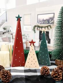 1/3 Pcs Wooden Christmas Tree Ornaments - Modern Minimalist White, Red And Green Desktop Standing Decorations With Star-Shaped Toppers, Layered Holiday Pendants And A Sturdy Base, Suitable For Home, Desks, Bookshelves, Offices, And Parties Christmas Decorations Winter Room Decor Christmas Decorations Home Christmas Gifts Christmas Decor - Multicolor - View 3