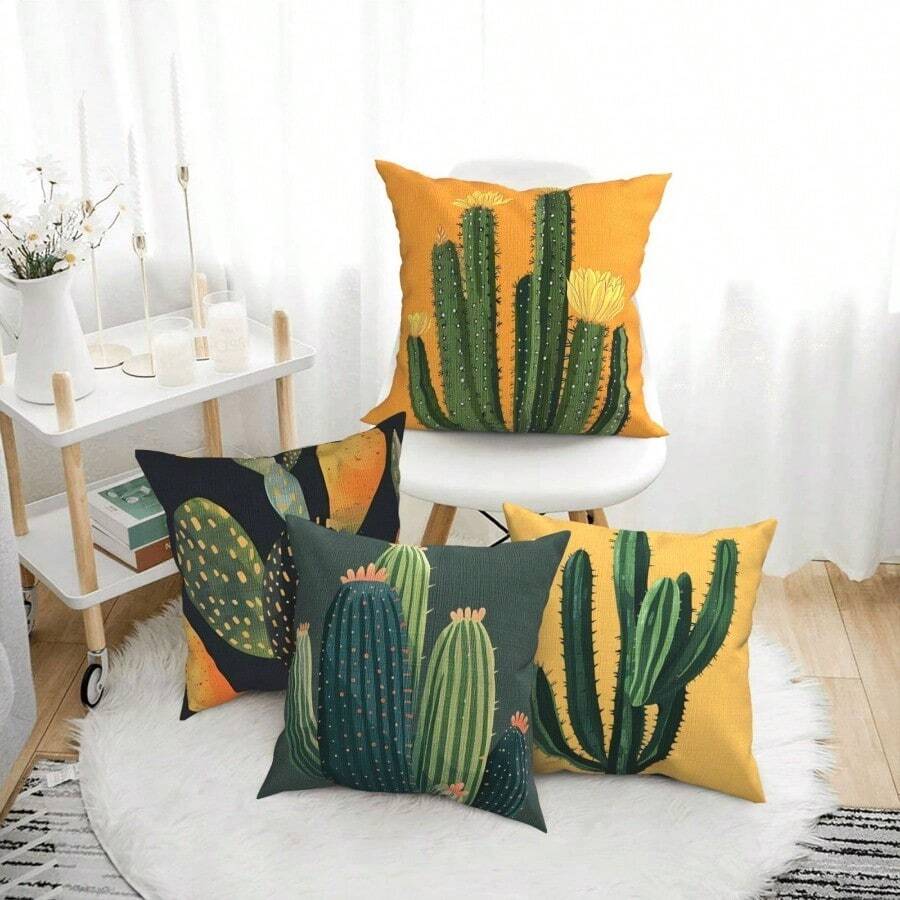 4 PIEZAS Fundas de cojín de estilo bohemio - 17.7*17.7 pulgadas, impresión de un solo lado, decoración de cactus verde, lavable a máquina con cremallera, sin relleno incluido