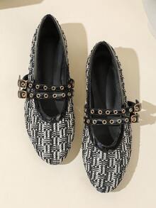 Sapatilhas Pretas e Brancas Trançadas de Bloco de Cores com Bico Redondo para Mulheres, Sapatilhas, Sapatilhas Clássicas, Outono, Balé