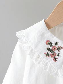 Young Girl Floral Embroidery Long Sleeve Shirt, Back To School Season, Autumn/Spring