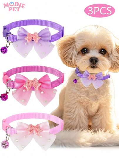 1pc Or 3pcs Set Cute Shiny Bow Bell Pet Collar For Daily Use - For Cats And Dogs
