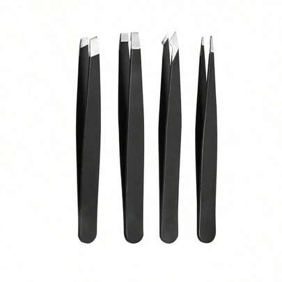 4 Stücke Präzisionspinzetten-Set für Augenbrauen, schwarze Edelstahl-Augenbrauenpinzetten, flacher Mund, schräger Mund, spitze Nasenklammer, Augenbrauentrimmer, Wimpernverlängerung, Bartziehen, Augenbrauenformer