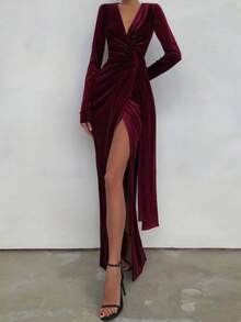 优雅浪漫约会天鹅绒长袖圣诞连衣裙，圣诞派对连衣裙 - 酒紅色 - 查看 2