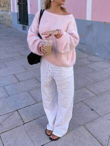 Senya 女士新款休闲纯色宽松露肩长袖毛衣，浪漫粉色，超大针织上衣