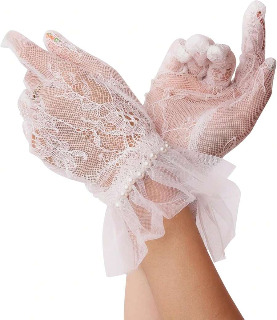 Sacina Gothic Imitation-Pearl White Gloves, Mesh Lace Bridal Gloves, Goth Y2k Lolita Accessories, Costume Accessories