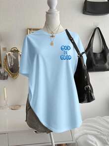 Áo thun nữ JOYY "God Is Good" cổ tròn tay ngắn theo phong cách Cơ Đốc giáo, dáng rộng thoải mái, in chữ màu hồng hai mặt, trang phục thường ngày tối giản - Màu xanh nhạt - Xem 2