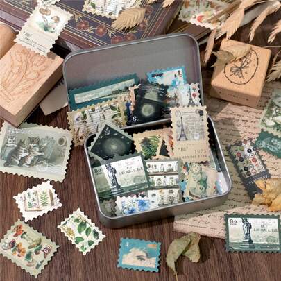 50pcs/Pack Vintage Aesthetic Postage Stamp Themed Stickers, Creative DIY Decorative Scrapbooking Materials, Holiday Gifts, Personalized Scrapbook School Supplies Scrapbook Supplies Funny Stickers Laptop Stickers Kindle Phone Stickers