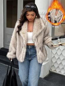 Doriss 大码翻领皮草大衣，冬季款，纽扣式，款式端庄，商务休闲女装，新年、优雅派对、感恩节等场合皆宜。 - 卡其色 - 查看 3