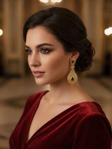 1 par de pendientes de estilo vintage de Oriente Medio con colgante de gota de agua hueco, metal incrustado con rhinestones, adecuado para uso diario, bodas, fiestas, festivales, regalo