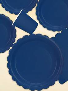 10pcs/20pcs/50pcs/80pcs Navy Blue Plates Cups Napkins Tableware Kit Navy Blue Party Supplies Inlcudes Scalloped Plates Napkins Cups Dinnerware Set For Birthday Wedding Picnic Decorations - Multicolor - View 4