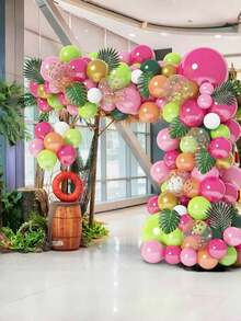 148/74件热带气球拱门套装，热带气球拱门套件，夏威夷卢奥热带火烈鸟派对装饰，亮粉色水果绿玫瑰金五彩纸屑气球棕榈叶生日婴儿派对婚礼派对用品，房间背景气球拱门套装 - 彩色 - 查看 9