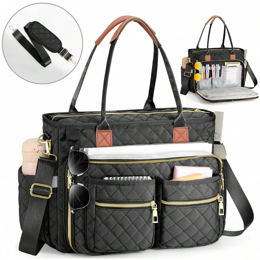 Laptop Tote Bag For Women Teacher Tote Bag 15.6 Inch Work Bags Professional Computer Messenger With Insulated Pocket, Laptop Briefcase For Office, College, Nursing, Canvas Tote Bag, Gift For Her, Bridesmaid Gift Bag, Best Friend Gift - 黑色 - 查看 1