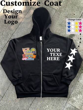 Anpassad damjacka med dragkedja, svart, personlig med logotyp, foto, typsnitt, jul, halloween, pumpa, dödskalle, thanksgiving, kalkon, arbetsuniform, skoluniform, reklam, laglogotyp, racinglogotyp, lyckonummer, basketnummer, fotbollsnummer [valfria familje-, husdjurs-, vänfoton kan anpassas], höstjacka med fleece med dragkedja, svart varm luvtröja