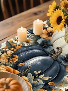 1pc Line Autumn Table Runner - Vibrant Fall Design With Orange, Blue, And White Pumpkins, Daisies, And Leaves - Perfect For Thanksgiving Kitchen Or Dining Room Decor 13x35.4/47.2/63/72/78.7 Inches