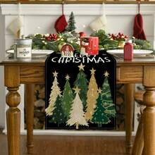 Chemin de table de Noël noir/vert/bleu/rose - Motif "Merry Christmas" Arbre de Noël en polyester lavable et réutilisable, convient pour la table des fêtes, la décoration de la maison, les célébrations saisonnières