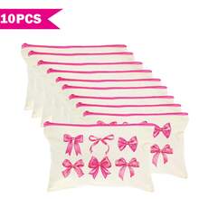 1/5/10/20pcs Cute Bow Pattern Canvas Zipper Bags Set, Y2K Style Bow Decor Jewelry Organizer Bags, Travel Cosmetic Bag, Pencil Case, Party Gift Bag Set, Toiletry Bag, Multipurpose Organizer Pouch Autumn University Essentials Travel Essentials For Holiday Vacation Travel Bag For Women Makeup Bag Makeup Organizer Make Up Bag - Beige - View 16