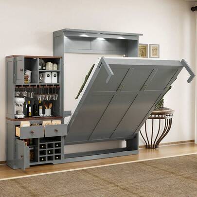 MERAX Queen Size Murphy Bed With Storage Cabinet, Wine Rack, Glass Holder, Drawers And Multi-Color LED Strip, Gray