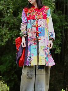 LUZU JUNU Women's Trench Coat Floral Print Long Cotton Linen Jacke Cottagecore Clothing Patchwork Outwear Bohemian Unique - 復古灰色夾克 - 查看 4
