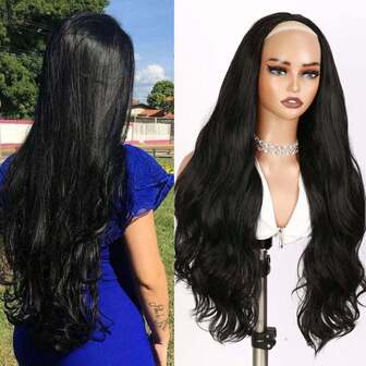 Long Black Half Wig Body Wave Synthetic Wigs For Women 3/4 Curly Wigs For Black Women DIY Hair Style Wear And Go Natural Black Synthetic Glueless Hair