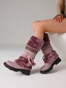 Women's Winter Furry Knee High Snow Boots Fashion Platform Chunky Heels Warm Faux Fur Lining Pull On Casual Comfy Boots Woman - 紫色 - 查看 3