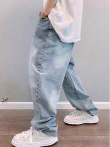 男士 Y2K 直筒休闲水洗牛仔裤，简约黑色牛仔裤