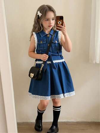 Girls Summer Fashion Denim Dress With Pockets, White Lace Collar Dress, Waist Belt Decoration, Casual Outfit For Girls