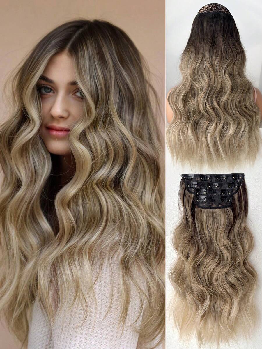 Ekstensi Rambut Jepit Bergelombang Hitam Cokelat Alami 22 Inci (4 pcs), Potongan Rambut Sintetis Cocok untuk Penggunaan Sehari-hari Wanita dan Anak Perempuan