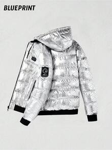 1pc Men's Silver Shiny Reflective Cuff Patch Pocket Design Cold-Resistant Padded Coat, Minimalist Hooded Style, Machine Washable, Versatile Old Money Style, Fall/Winter