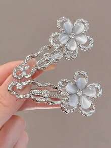 1件优雅街头风仿珍珠山茶花小发夹，小熊兔子水晶发饰，校园用品，仿珍珠发饰，派对造型 - 金色 - 查看 8