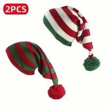 2pcs Festive Christmas Knit Beanie Hats For Adults, Santa Claus Crochet Caps, Holiday Party Supplies, Hand Wash Only, Polyester Material, No Feathers, Electricity-Free Use, Christmas Clothes, Christmas, Santa Claus - Multicolor - View 1