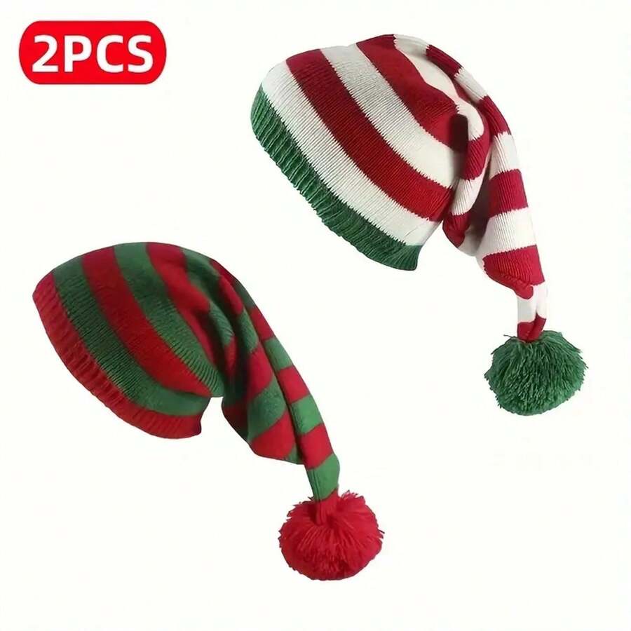2pcs Festive Christmas Knit Beanie Hats For Adults, Santa Claus Crochet Caps, Holiday Party Supplies, Hand Wash Only, Polyester Material, No Feathers, Electricity-Free Use, Christmas Clothes, Christmas, Santa Claus - Multicolor - View 1