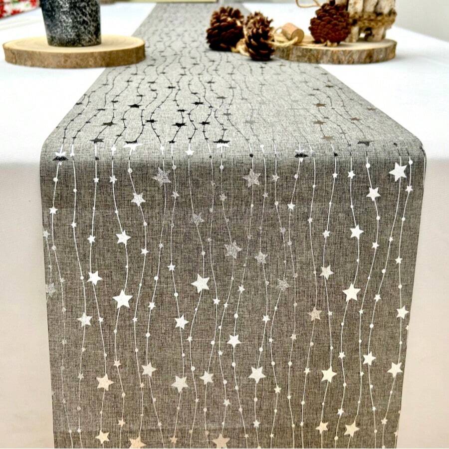1 件 275cm*28cm 金箔星形图案桌旗,现代简约风格,涤纶亮银色长方形桌布,适用于圣诞派对、节日、用餐、家居装饰 - 銀色 - 查看 1