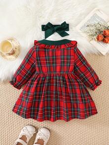 Baby Girls' Christmas Plaid Bowknot Long Sleeve Dress + Headband, Autumn - Red - View 2