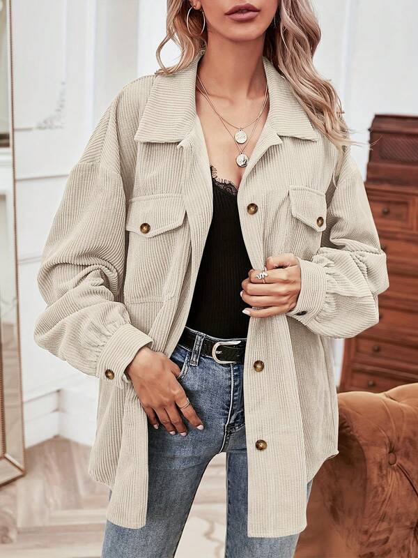Casual Loose Versatile Single-Breasted Long Sleeve Shirt Jacket For Women, Fashion Corduroy Open Cardigan Mid-Length Coat, Suitable For Autumn Daily Wear