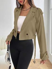 Chaqueta de mujer elegante y casual estilo motocicleta, abotonada de doble botonadura, con solapa grande, puños ajustables y manga larga