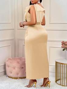 BIUBIU 大码女士性感红色蝴蝶结露肩褶皱高开衩缎面纯色连衣裙，适合派对、婚礼、周年纪念日及其他场合 - 杏色 - 查看 2