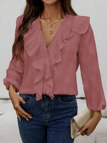 Blusa de manga larga con cuello en V y volantes elegante y casual para mujer, primavera/otoño - Rosa vieja - Ver 5