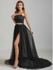 1pc 3-Layer Tulle Skirt, Side Slit, Elegant New High Waist Detachable Train Beach Dress, Suitable For Wedding/Party/Halloween, Lightweight Sheer, Ideal Women's Autumn Outfit