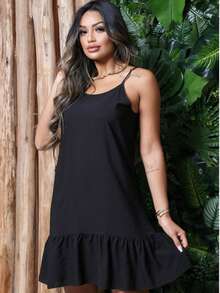 Loose Women's Dress With Adjustable Straps - Viscose Fabric - màu đen - Xem 6