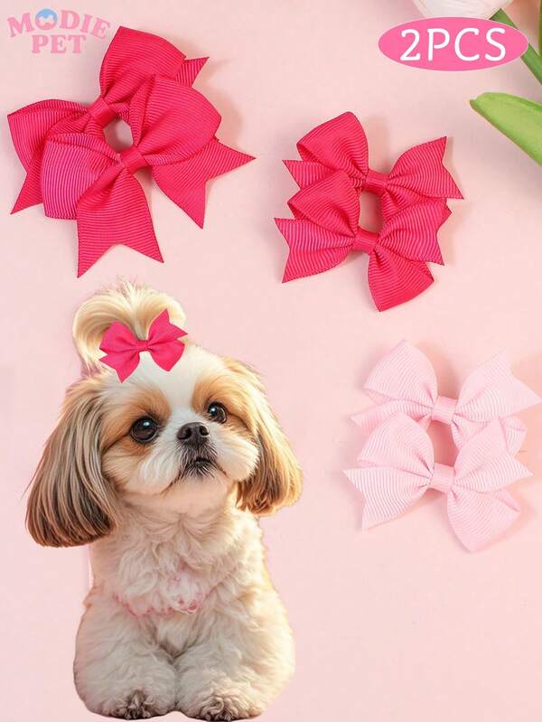 2 Pcs Valentine's Day Pink Pet Bow Hair Clips, Suitable For Teddy Decorations And Valentine's Gifts