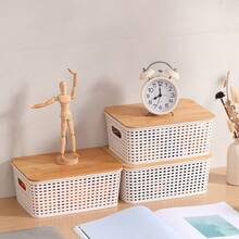 6-Piece Bamboo Covered Plastic Storage Basket, Large Capacity Storage Basket, Stackable Plastic Storage Container, Suitable For Home, Office, Game Room - Home Storage Box - 白色 - 查看 5