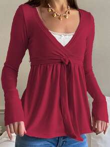 Women Wrap V-Neck Peplum Tops Casual Long Sleeve Tee Shirts Cute Front Twist Tie Knot Shirts Fall Blouses - Màu Đỏ Sâu - Xem 1