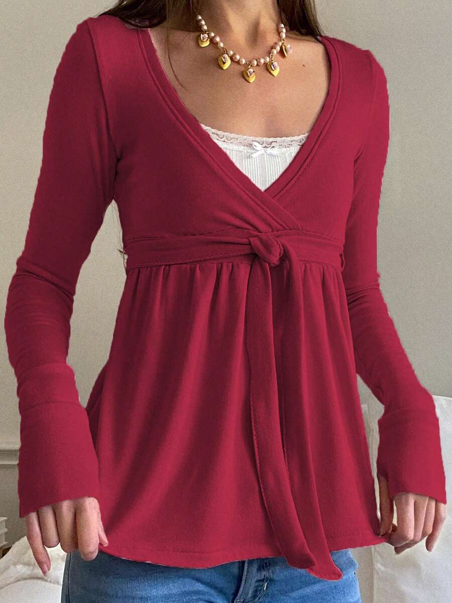 Women Wrap V-Neck Peplum Tops Casual Long Sleeve Tee Shirts Cute Front Twist Tie Knot Shirts Fall Blouses - Màu Đỏ Sâu - Xem 1