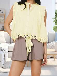 Blusas de verano con botones para mujer, casuales y elegantes, con detalles de ojales, de corte holgado y sin mangas - Amarillo - Ver 3