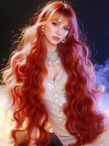 45英吋長女士大波浪合成假髮，附瀏海，耐熱自然中分，適用於Cosplay、派對、蘿莉塔、音樂節、婚禮假髮 - 臟橘色 - 查看 12