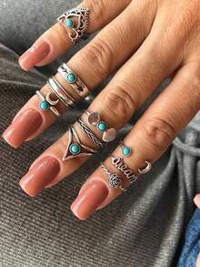 1 pezzo Ritratto di donna vintage, Croce, Cuore, Motivo Mano di Fatima Set di 15 anelli, Gioielli di moda da donna, Anelli cubici di zirconia minimalisti e delicati